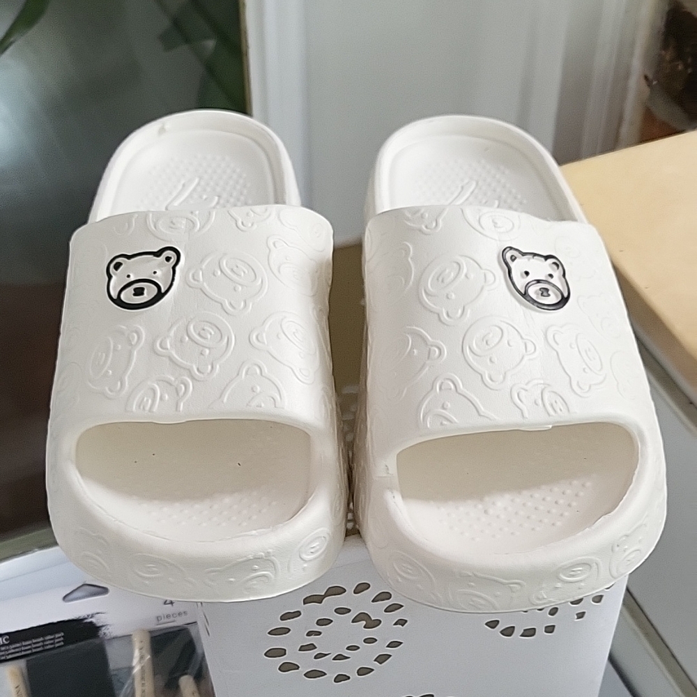 Cute Bear Embossed Slides in White